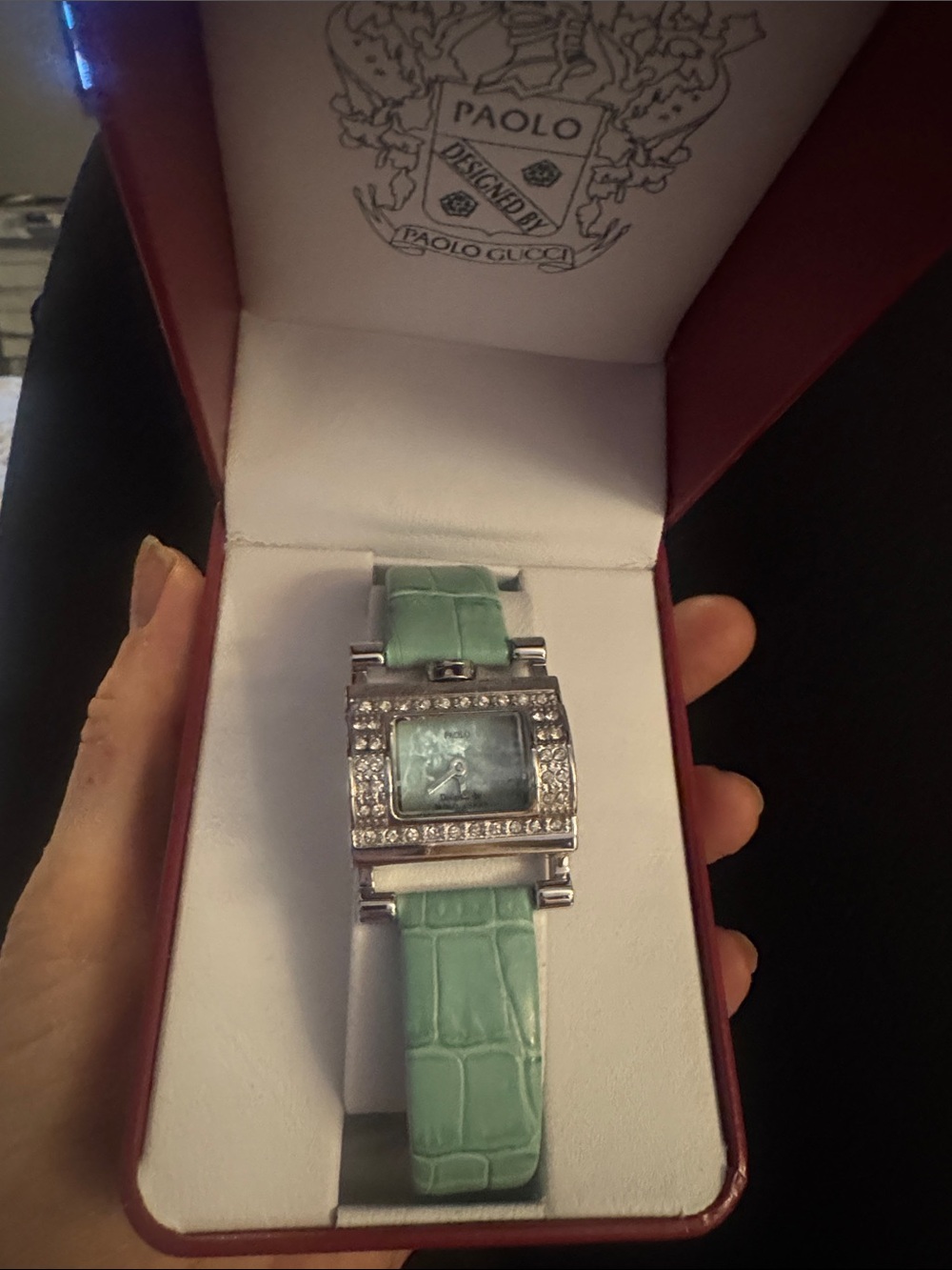 NIB Vintage Paolo Gucci Mint Green Leather Band And Rhinestone Watch